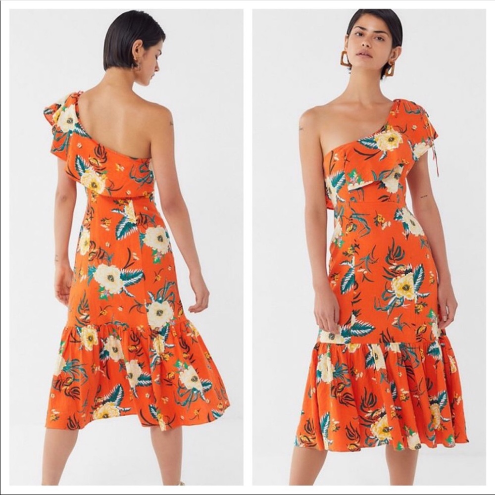 Urban Outfitters One Shoulder Floral Linen Ruffle Midi Dress